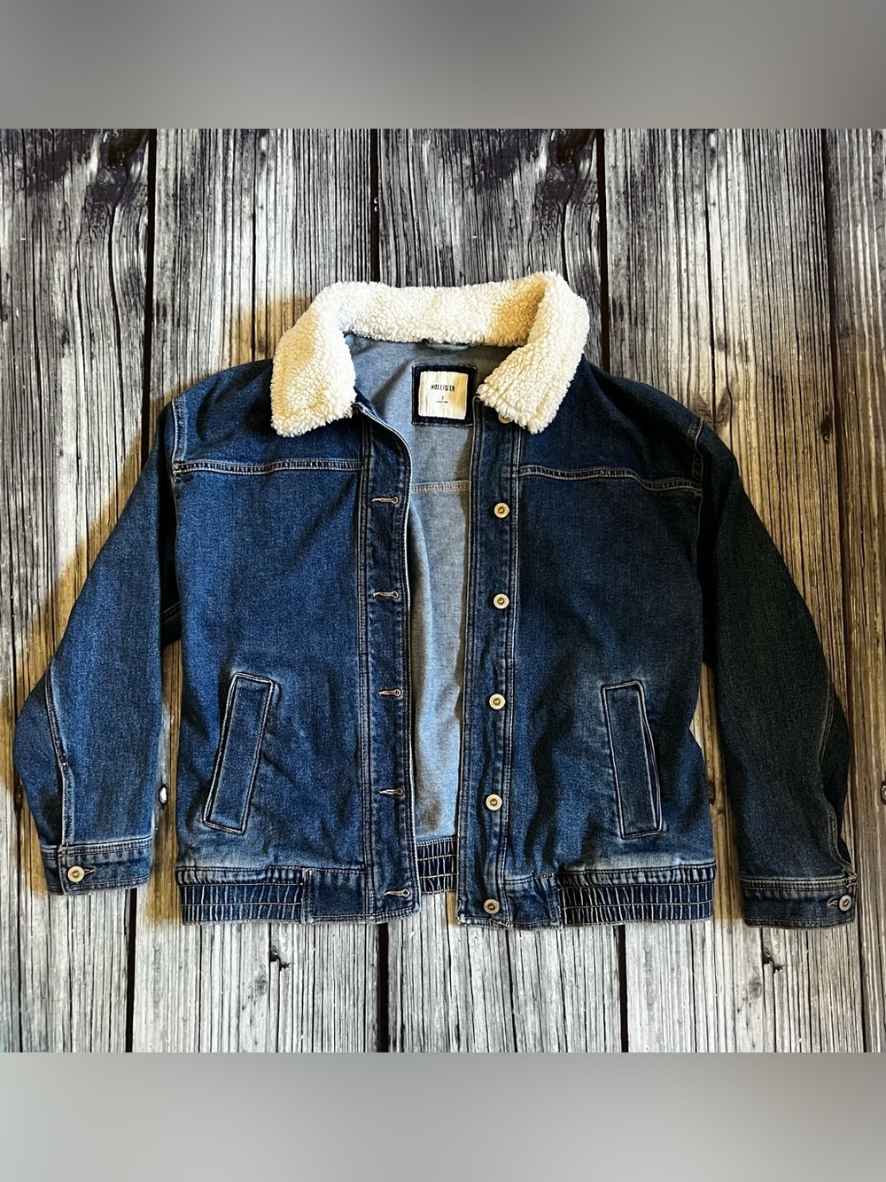 Hollister Blue Denim Jacket with Cream Sherpa Collar
